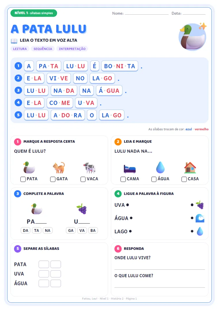 Página de atividades do Nível 1: A Pata Lulu