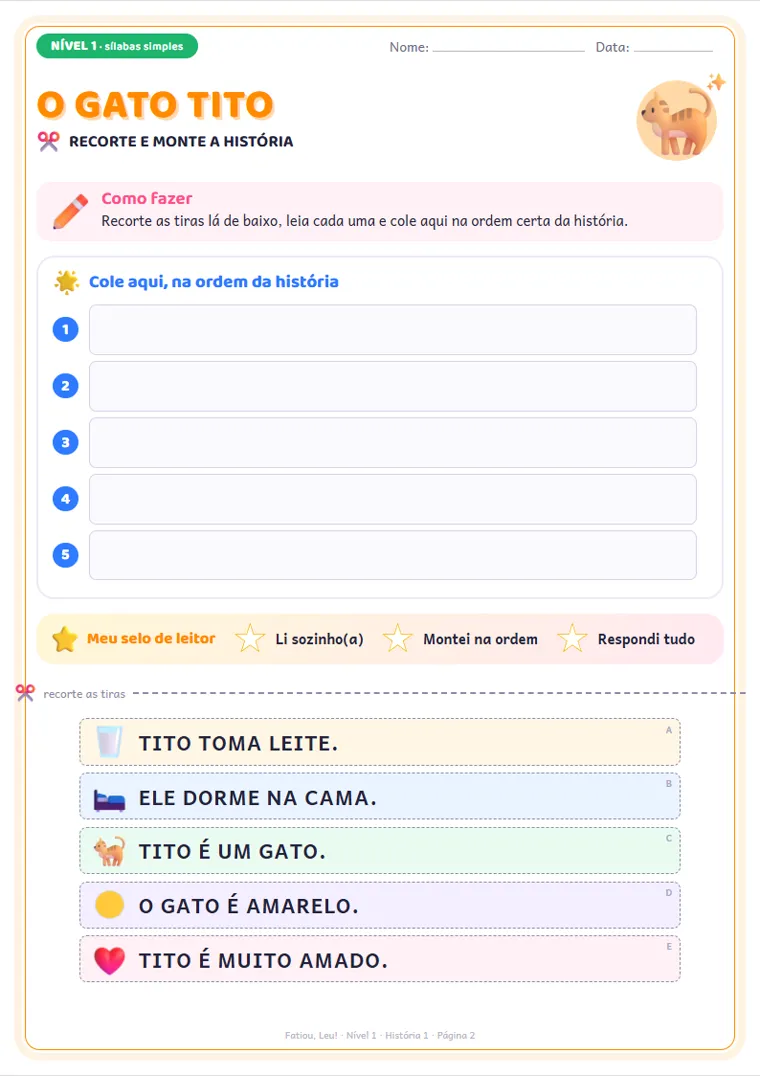 Página de recortar e montar do Nível 1: O Gato Tito
