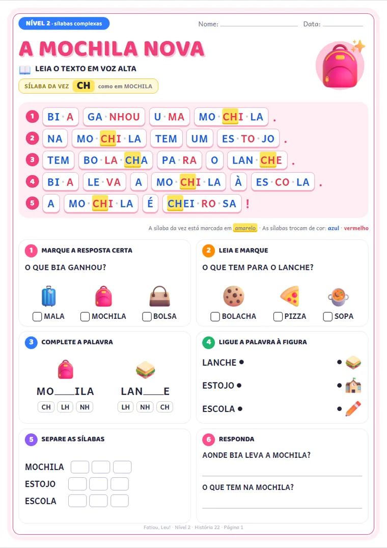 Página do Nível 2: A Mochila Nova, sílaba da vez CH