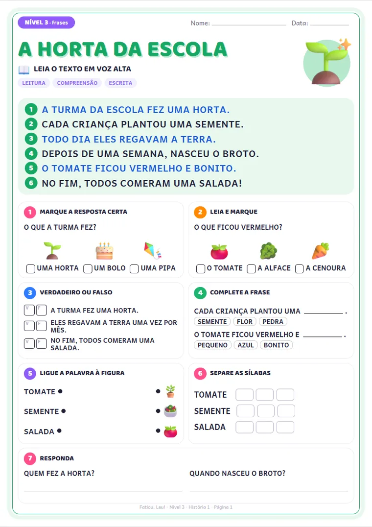 Página do Nível 3: A Horta da Escola