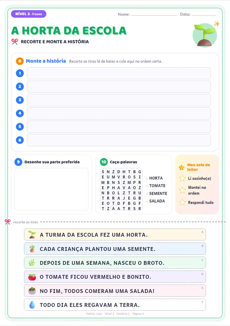 Página 2 do Nível 3 com caça-palavras e tiras